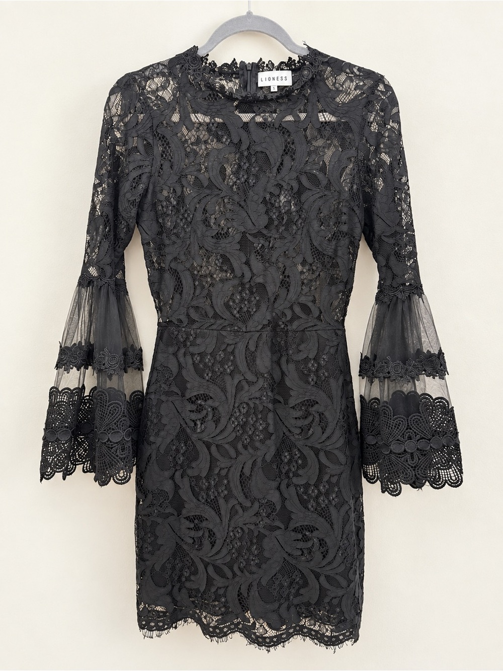 Lioness Black Lace Long-Sleeve Bell Cuff Mini Dress